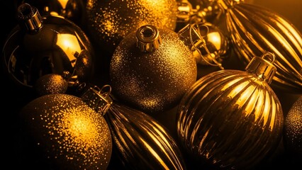 Close-up of Golden Christmas Ornaments with Glitter and Reflections