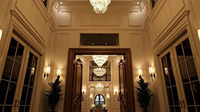 Grand Entrance Hallway Opulent Interior Design With Ornate Wooden Doors Crystal Chandelier And Warm Lighting Creating An Elegant Atmosphere