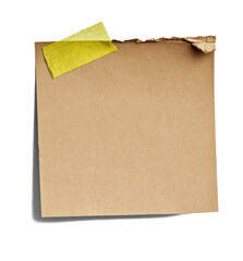 brown paper note with yellow tape on white background.