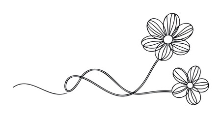 Simple black line drawing of two delicate flowers with stems flowing in a graceful curve, perfect for invitations, greetings, and natural themed projects.