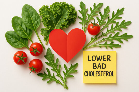 Positive heart health concept with paper heart, vegetable, leafy green, and tomato. healthy diet and wellness note to lower bad cholesterol for better lifestyle