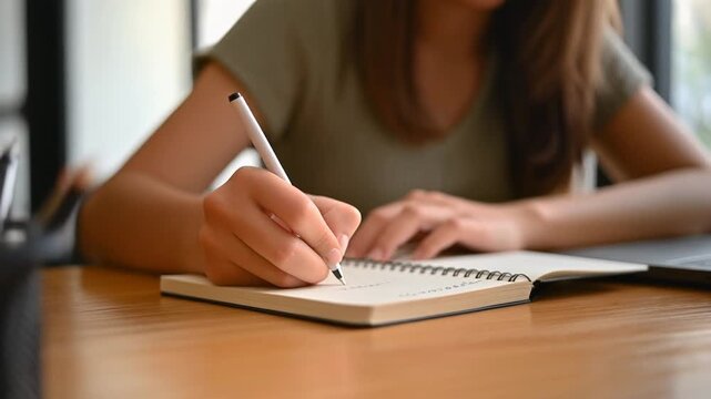 A close-up of a student's hands as they write notes in a notebook on a wooden desk. The background shows a well-lit room with natural light streaming through a window, creating soft, warm shadows.