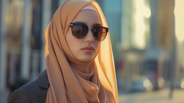 Muslim woman in beige hijab wearing sunglasses outdoors