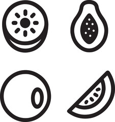 Monoline-inspired fruit silhouette icons with thick strokes and solid fills showing kiwi papaya coconut and mango.