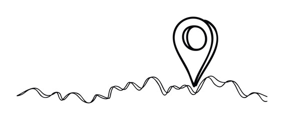 Simple black line art map pin and wavy journey path visualized for navigation, route planning, or location tracking applications.