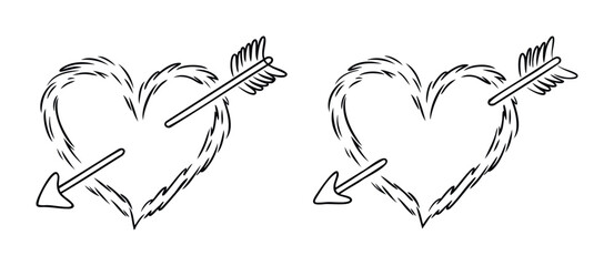 Black and white sketch of a heart pierced by an arrow, perfect for love themed graphics and romantic concepts.