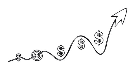 Hand drawn graph showing increasing financial growth with dollar symbols and target goal, representing success and business progress for presentations and reports.