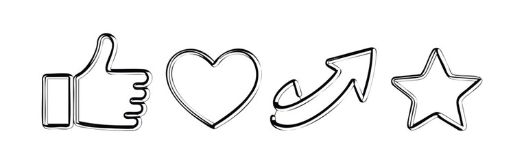 Line art social media icons like thumbs up, heart, arrow, and star, representing feedback and engagement for online platforms and content promotion