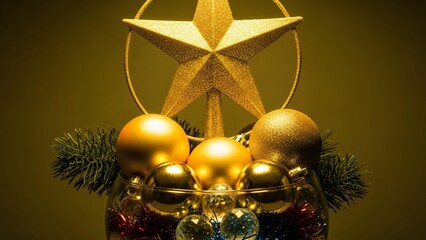 Festive Golden Christmas Ornaments and Star in Glass Vase