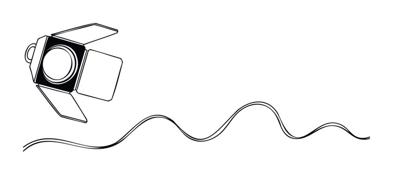 Spotlight with cable and barn doors ready for theatrical production lighting, film set illumination, stage performance setup, and event lighting applications.