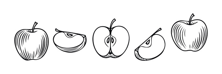 Collection of simplified black and white line drawings of whole and sliced apples with a stem, perfect for food related concepts and healthy eating promotion.