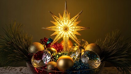Glowing Christmas Star Ornament Amidst Festive Ornaments and Pine Needles