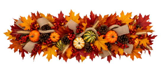Autumn harvest decoration cutout with pumpkins and maple leaves on transparent