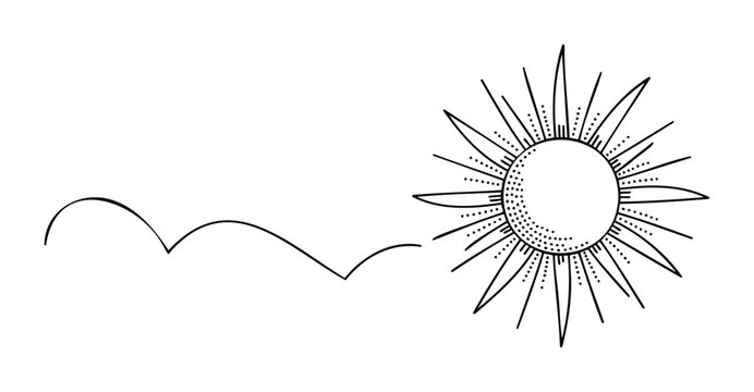 Whimsical sun with radiating lines and dots, combined with wavy lines suggesting movement or landscape for graphic content and abstract presentations.