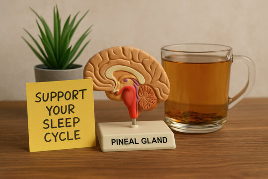 Calm wellness education setup with pineal gland model and calming tea. sticky note message, support your sleep cycle, promotes healthy habit for well being and body rhythm