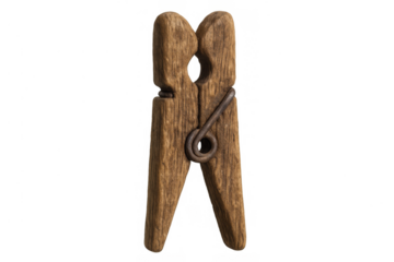 Vintage wooden clothespin isolated on transparent background, representing home laundry and rustic housework