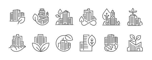 Green city icon set. It includes green building, building, urban, eco friendly, modern, and more icons. Editable Vector Stroke.