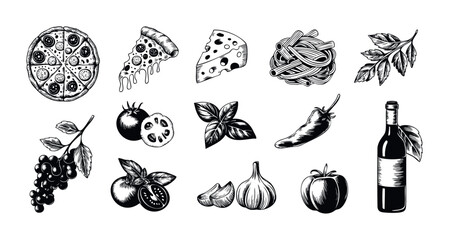 A curated collection of hand drawn Italian food and ingredients including pizza, pasta, cheese, tomatoes, basil, garlic, grapes and wine for culinary concepts and food service promotions.
