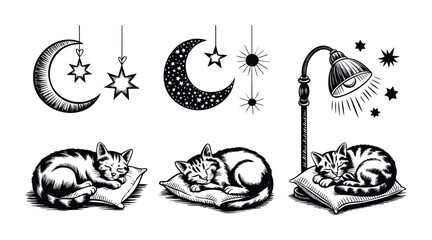 Whimsical linocut style black and white graphic depicting cute sleeping kittens on pillows under a starry night sky with moons and celestial elements, perfect for childrens themes or