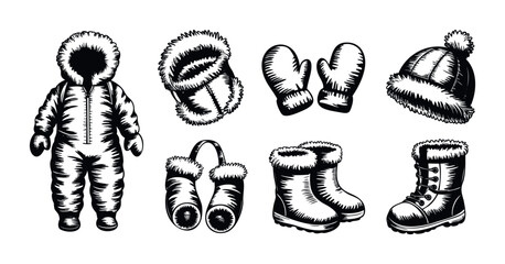 Collection of black and white winter clothing essentials including a snowsuit, mittens, hat, and boots for cold weather activities and seasonal warmth, perfect for use in advertisements and