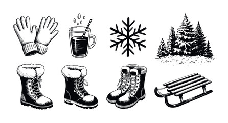 Winter clothing and accessories including gloves, boots, hot drink, snowflake, pine trees, and sled for seasonal promotions and winter activity themes.