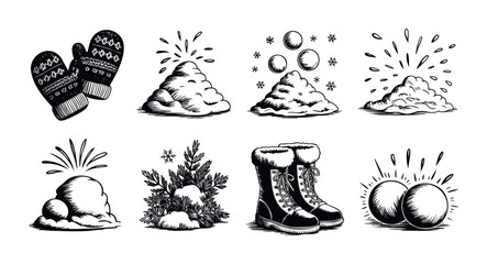 Collection of winterthemed black and white icons featuring mittens, snowballs, boots, and festive elements for seasonal use