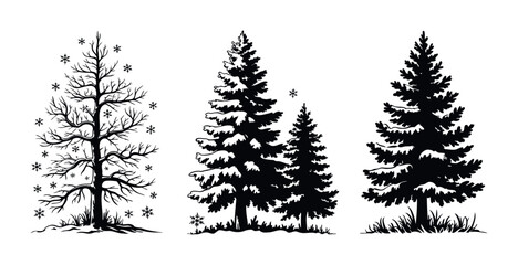 Collection of winter forest scenes featuring a bare tree with falling snowflakes and evergreen trees covered in snow, perfect for seasonal promotions and holiday greeting themes.