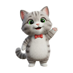 Cute 3D Grey Tabby Kitten Character Waving Hello