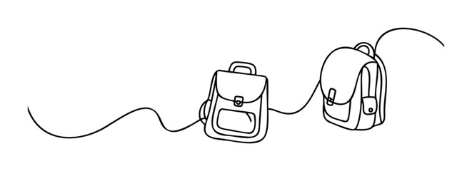 Minimalist line drawings depict two backpacks connected by a flowing string, perfect for travel, school, or adventure themes.