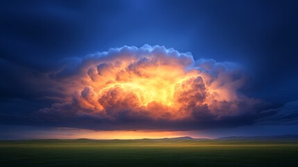 Obraz premium Brilliant orange storm cloud illuminates dark blue sky above vast green rolling landscape