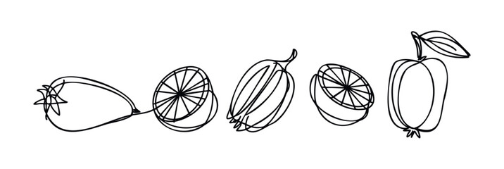 Simple continuous line drawings of various fresh fruits and vegetables including a tomato, orange slices, bell pepper and apple, ideal for healthy eating and culinary themes.