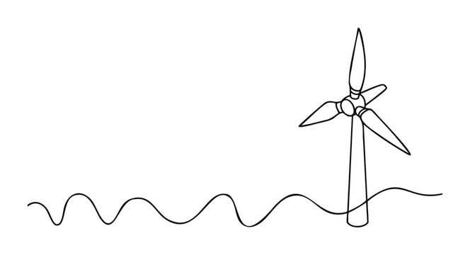 Minimalist wind turbine drawing on wavy ground representing renewable energy and sustainable power generation for environmental projects
