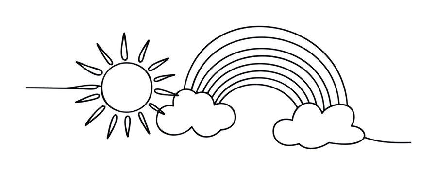 Simple line drawing of a sun with rays shining over clouds and a rainbow, perfect for childrens books, weather themes, or optimistic concepts.