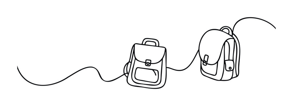 Minimalist line drawings depict two backpacks connected by a flowing string, perfect for travel, school, or adventure themes.