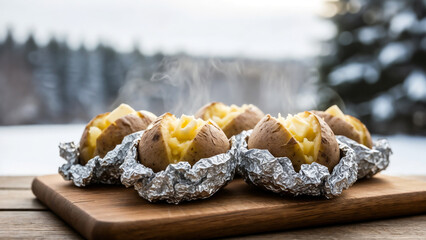 Baked potatoes in foil on wooden board – Symbol of homemade joy and winter coziness