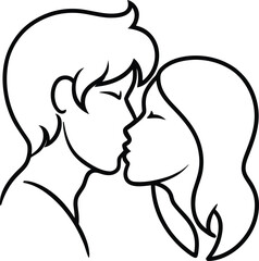 A loving couple sharing a tender kiss with closed eyes in a simple black line drawing style isolated on white background.