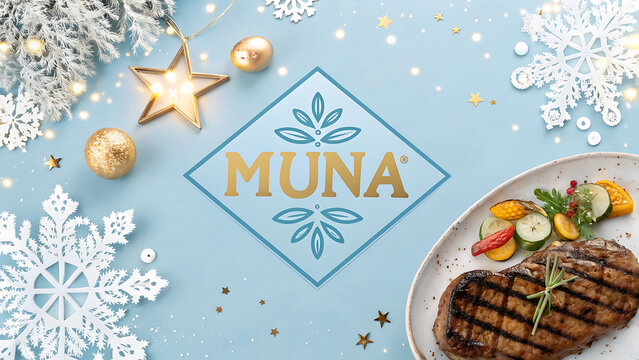 Grilled steak with vegetable garnish served on a plate next to a muna brand logo in a festive winter holiday setting with snowflakes and star ornament