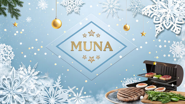 Festive winter barbecue promotion with grill, meat patties, and vegetables set against a light blue snowy background with snowflakes and gold ornament decoration