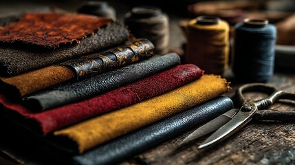 A close up of colorful leather rolls with thread spools and scissors on a wooden surface top view