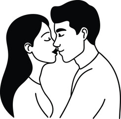 Romantic illustration of a couple sharing a tender kiss with closed eyes representing love and intimacy isolated on white background.