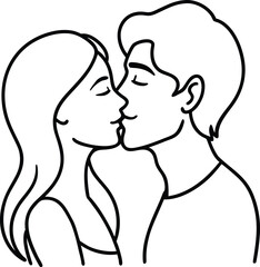 A loving couple sharing a tender kiss with closed eyes in a simple black line drawing style isolated on white background.