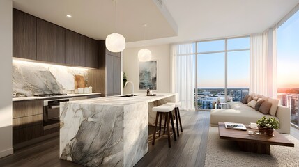 Modern kitchen and living area in a luxury apartment with sunset view over the city skyline
