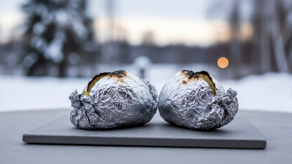 Charred baked potatoes in foil – Symbol of resilience and rustic survival in winter