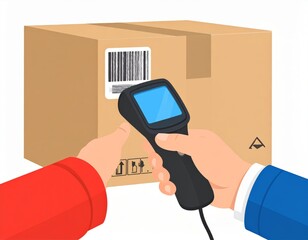 Courier scanning barcode on cardboard box with handheld scanner