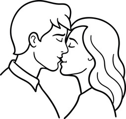 A tender moment between a man and a woman about to share a kiss with their foreheads touching and eyes closed isolated on white background.