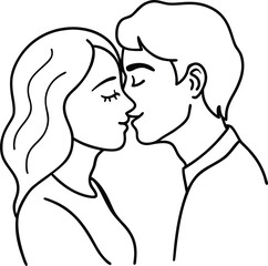 A tender moment between a man and a woman about to share a kiss with their foreheads touching and eyes closed isolated on white background.