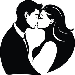 Stylized black silhouette of a man embracing a woman with long hair conveying love and support isolated on white background.