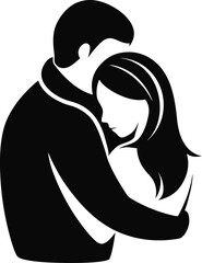 Stylized black silhouette of a man embracing a woman with long hair conveying love and support isolated on white background.