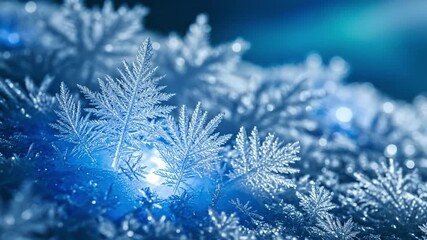 Delicate snowflake frost winter cold ice crystal close up macro frozen nature background with icy blue magical sparkling frost and frozen crystal patterns creating enchanting christmas background - Powered by Adobe