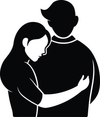 Stylized black silhouette of a man embracing a woman with long hair conveying love and support isolated on white background.
